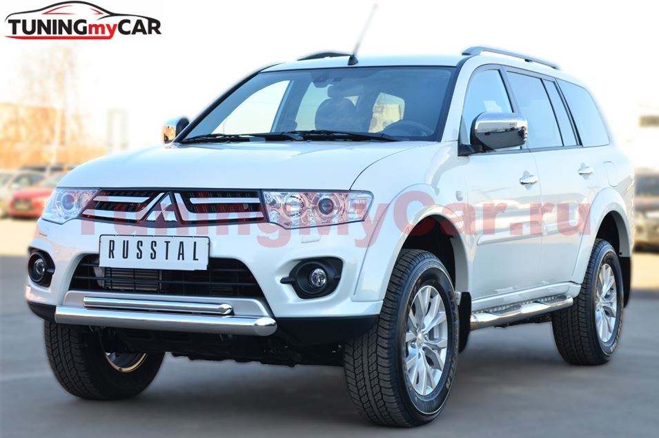 Пороги труба D76 с накладкой (вариант 3) для Mitsubishi Pajero Sport 2013-2015