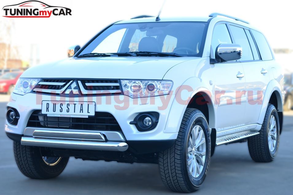 Пороги труба 75х42 овал с проступью для Mitsubishi Pajero Sport 2013-2015